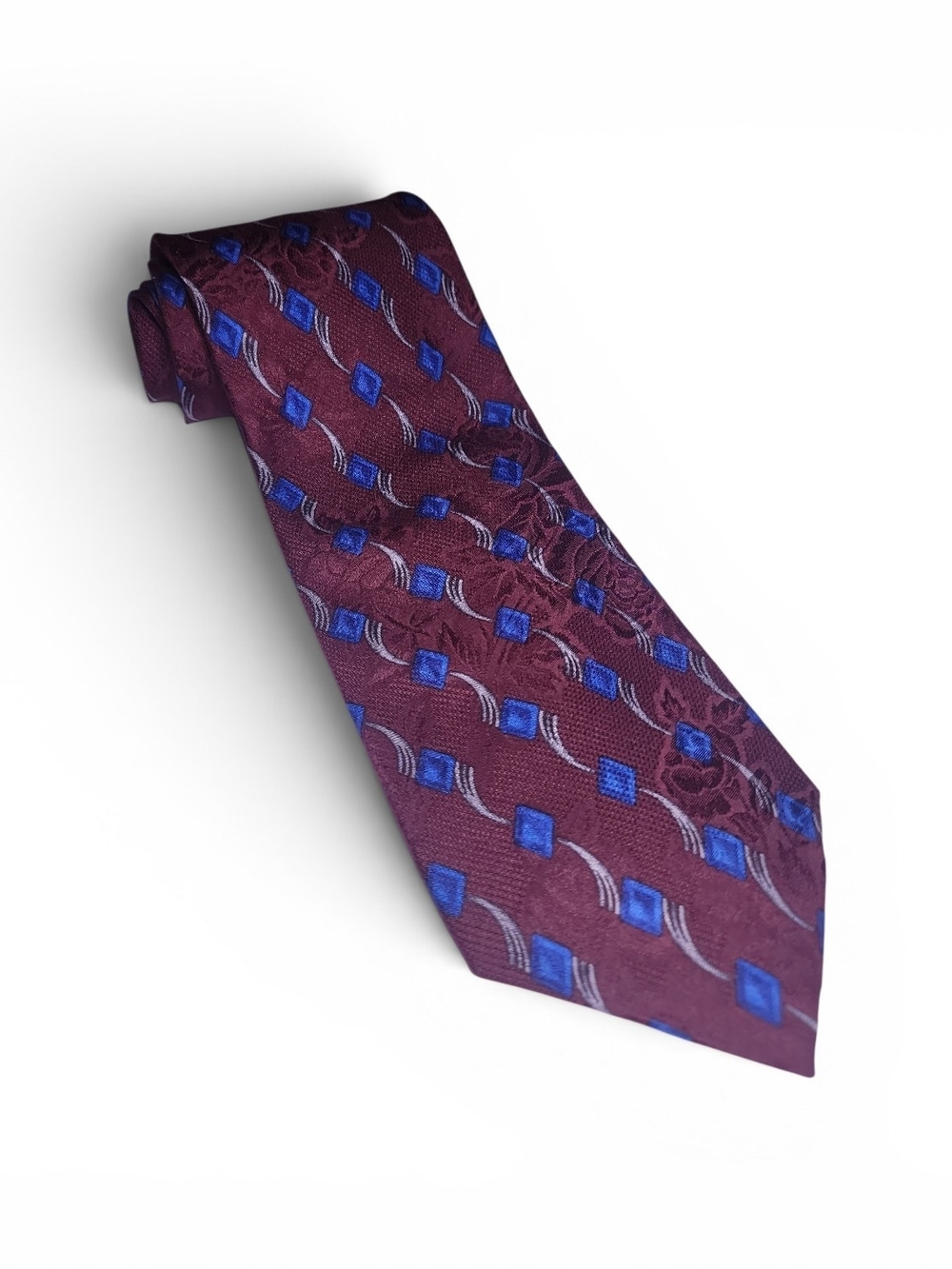 Ferrell Reed For Nordstrom Burgundy Silk Tie with Blue Geometric Accents